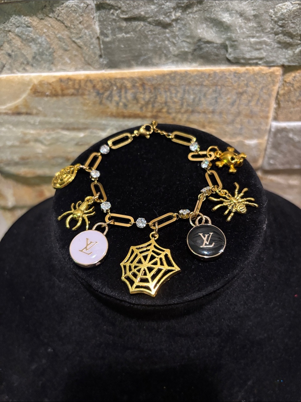Gold Halloween Charm Bracelet with Black and Lavender LV Logo Discs